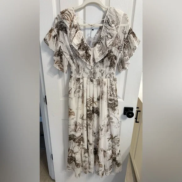 Sandro Paris Marro Ruffled Elephant Toile Midi Dress NWT $490 Size S - Picture 6 of 12